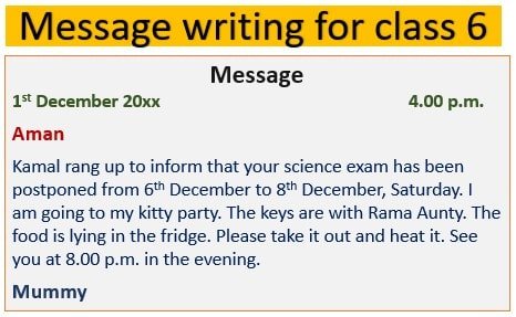 Message writing, questions, sample, exercise for class 6