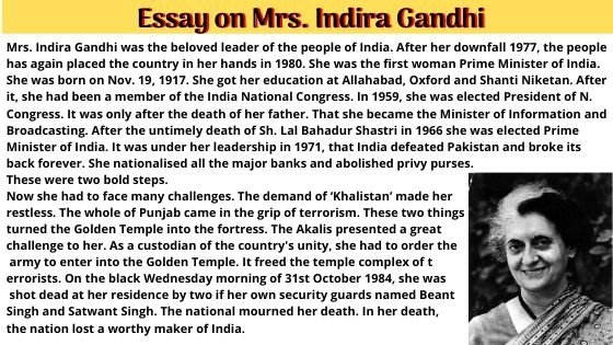 Essay on Mrs. Indira Gandhi   