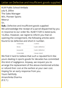 Letter on Defective and insufficient goods supplied