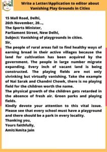 Write a Letter to editor about Vanishing Play Grounds in Cities