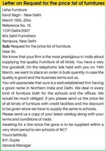 Letter on Request for the price list of furniture