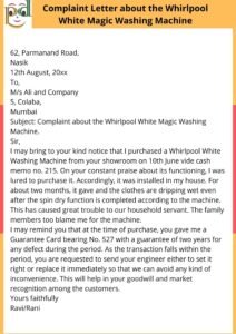 Complaint Letter about the Whirlpool White Magic Washing Machine