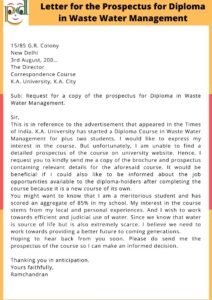Letter to request for course prospectus for diploma in waste water management