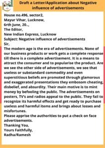 Draft a Letter about Negative influence of advertisements