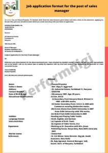 Job application format for the post of sales manager