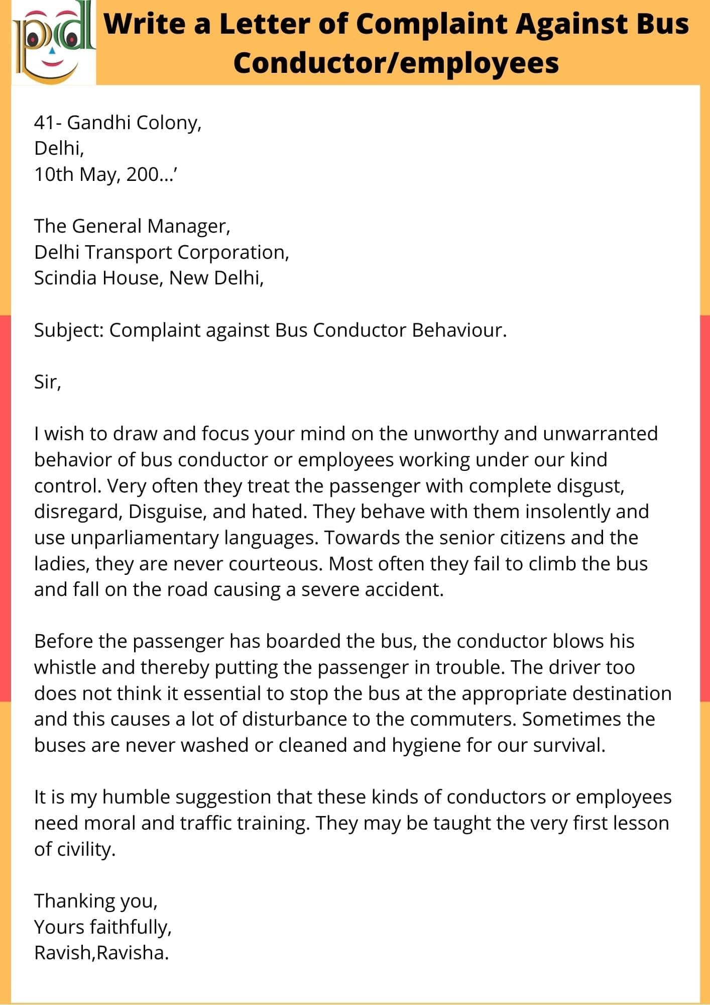 Letter of Complaint Against Bus Conductor PERFORMDIGI