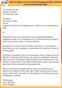 Letter to Editor on the Practice of Employing Minor Children as full-time Domestic help