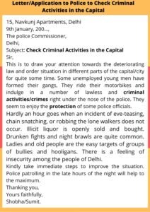 Letter/Application to Police to Check Criminal Activities in the Capital