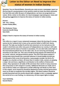 How to write a letter to the Editor on the Need to improve the status of women in Indian society