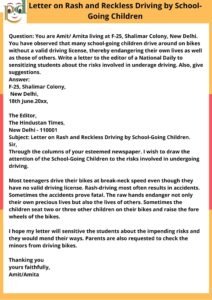 Letter on Rash and Reckless Driving by School-Going Children