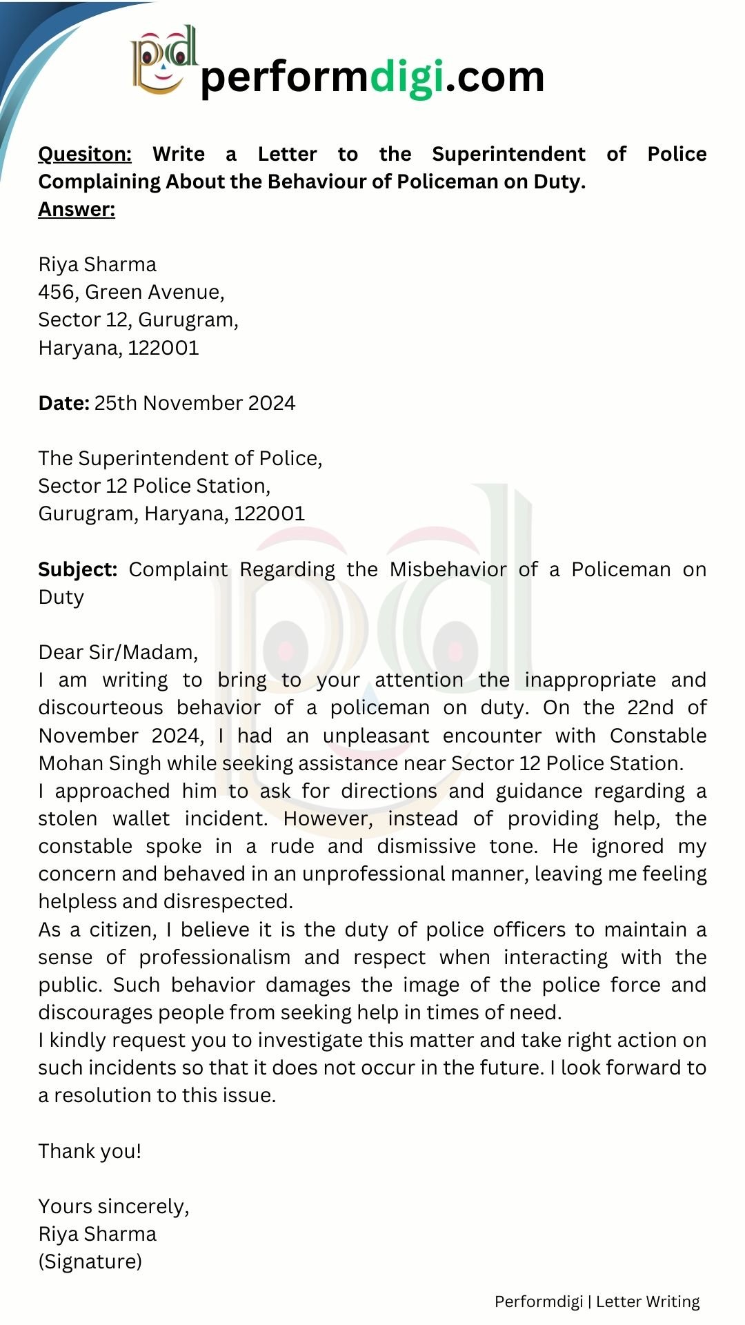 Letter to the Superintendent of Police Complaining About the Behaviour of Policeman on Duty