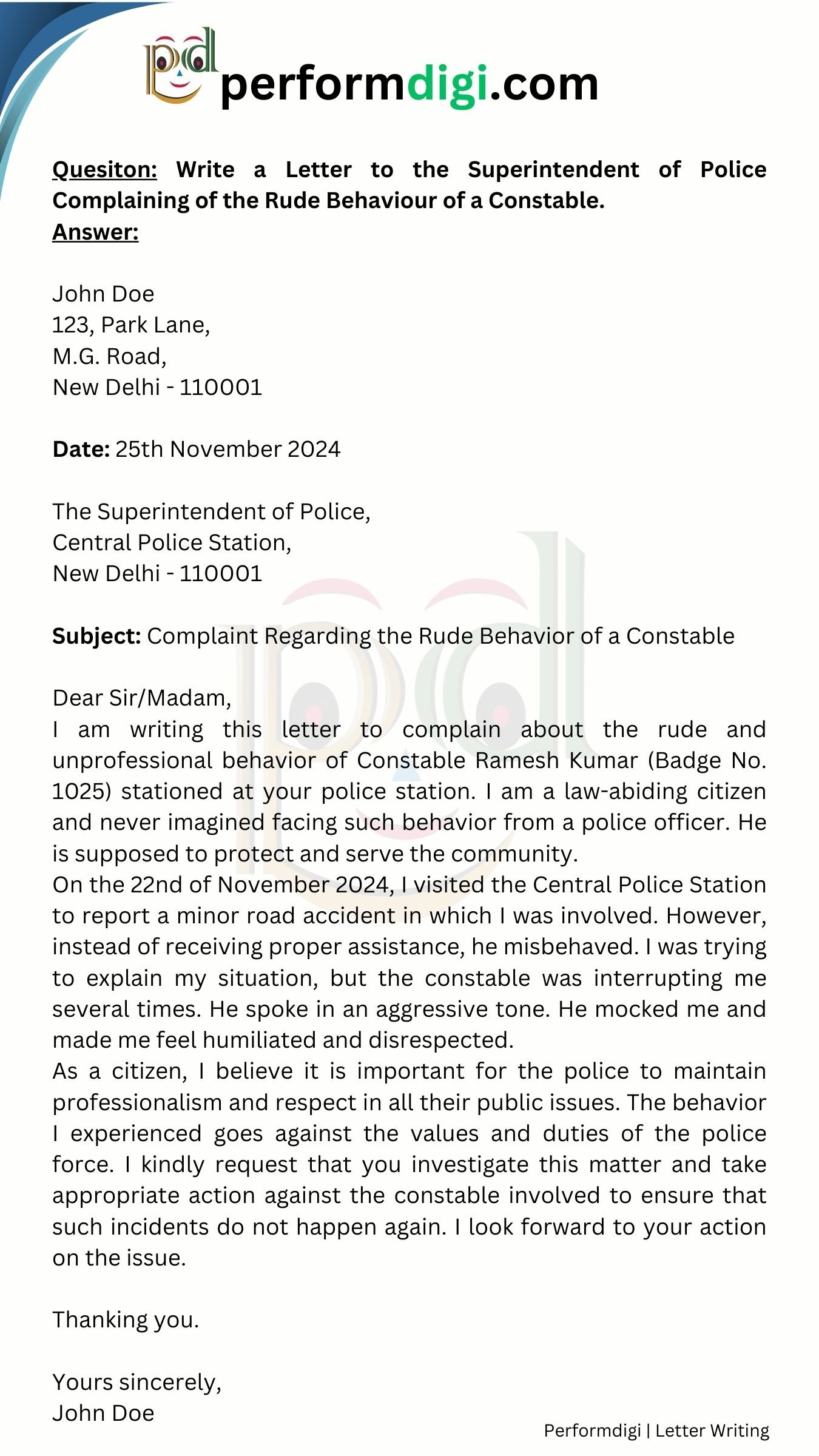 Write a Letter to the Superintendent of Police Complaining About the Behaviour of Policeman on Duty