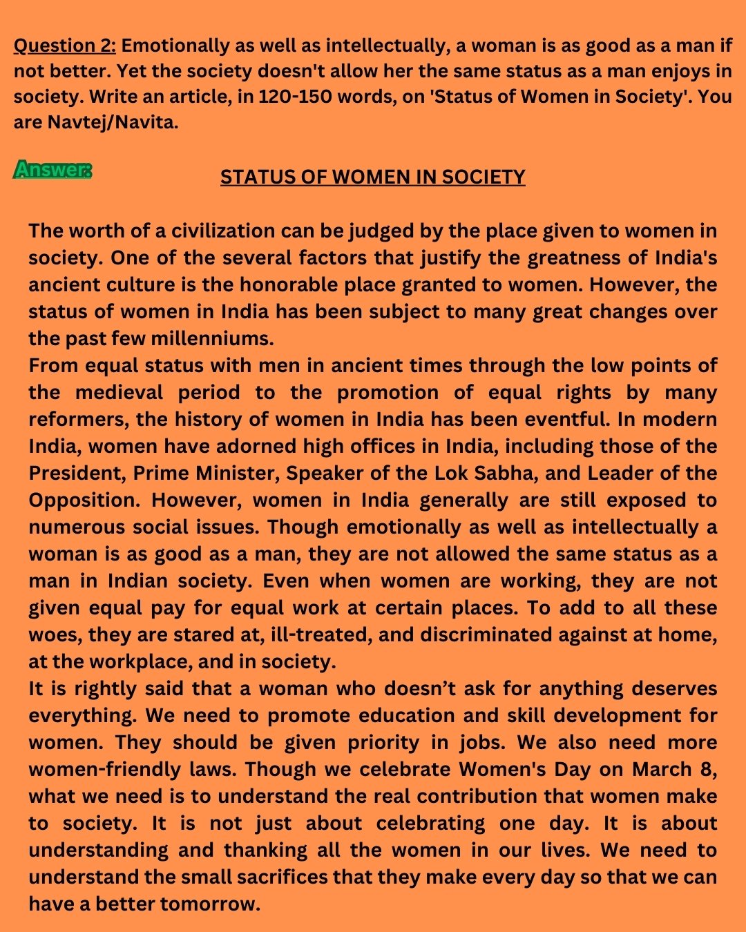 Article writing on status of women in society